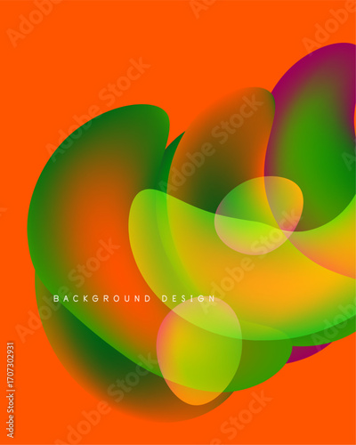 Abstract vibrant shapes overlap, creating fluid colorful design. Orange background enhances visual impact. Modern aesthetic.
