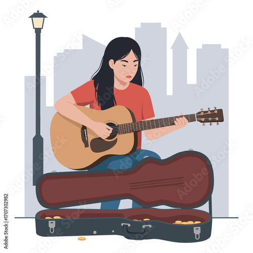Young asian female musician playing guitar on urban street with open guitar case – flat illustration