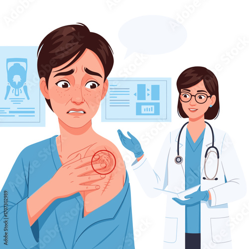 Worried patient consults doctor about skin condition, seeking diagnosis & treatment options