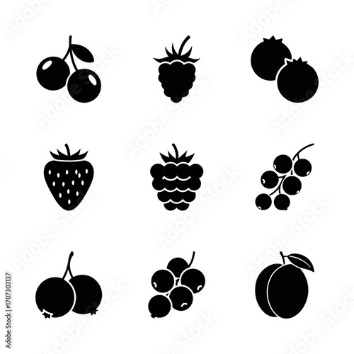 A simple set of black silhouette icons depicting various garden berries and summer fruits for design