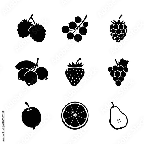 Collection of Delicious Berries, Fruits and a Slice of Orange Vector Icons
