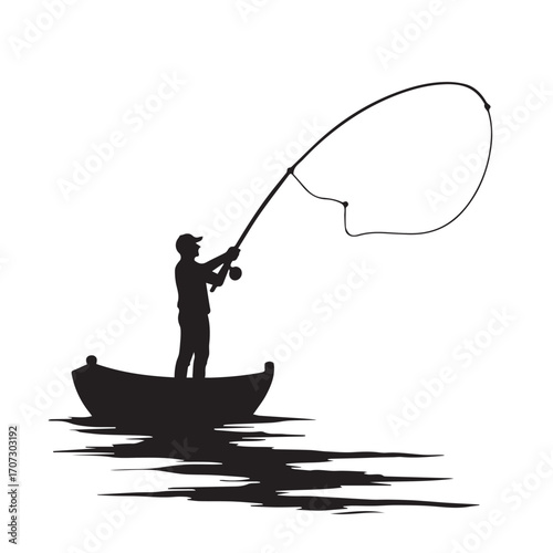 silhouette of a fisherman with fishing rod, fishing, fisherman, silhouette, boy, fish, sunset, rod, woman, water, vector, people, illustration, sport, lake, angler, cartoon, summer, fun, nature, beach