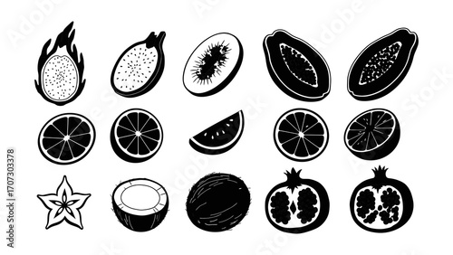 A graphic collection of various tropical and exotic fruit icons in a bold monochrome style