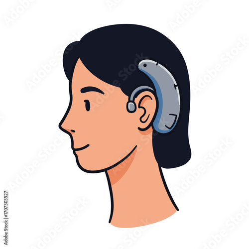 Young person with hearing aid smiling in profile view  