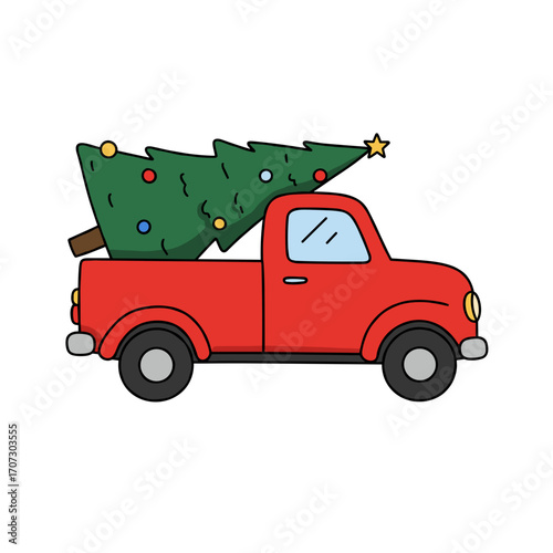 Red truck transporting Christmas tree with colorful decorations  