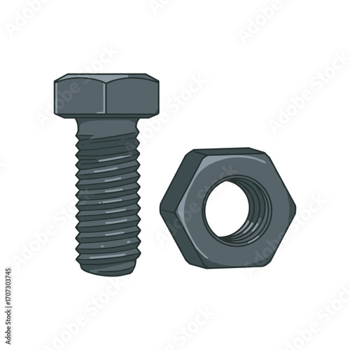 Metal hex bolt and nut pair on white background for industrial use – flat illustration