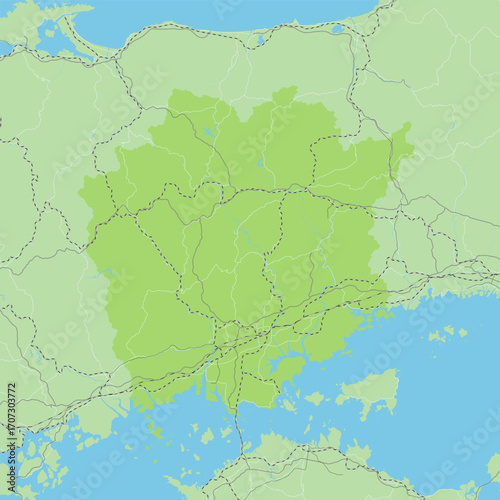 日本の岡山県と隣接する都道府県を含む、緑色のシンプルなロードマップ