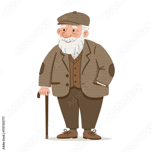 Elderly caucasian male cartoon character with beard and walking cane in vintage attire – flat illustration