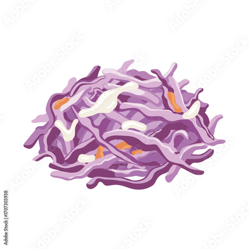 Vector illustration of fresh purple coleslaw salad with carrot and creamy dressing – flat illustration