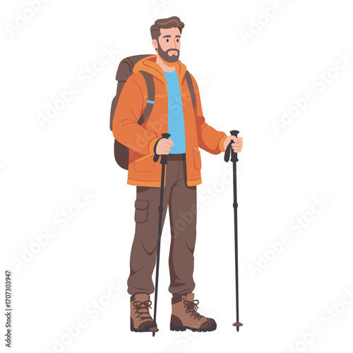 Young caucasian male hiker with trekking poles and backpack in outdoor gear – flat illustration