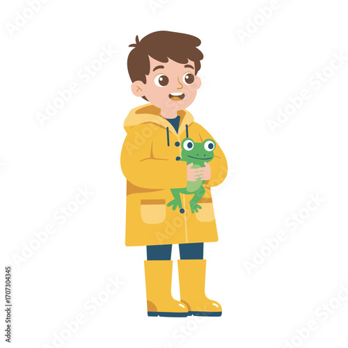 Caucasian young boy in yellow raincoat holding frog cartoon illustration – flat illustration