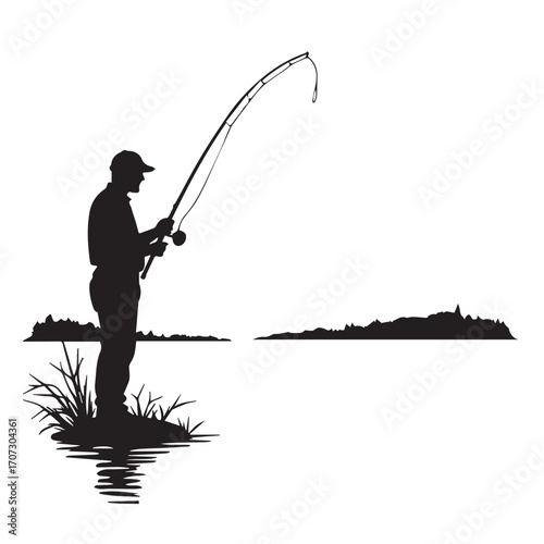 silhouette of a fisherman with fishing rod, fishing, fisherman, silhouette, boy, fish, sunset, rod, woman, water, vector, people, illustration, sport, lake, angler, cartoon, summer, fun, nature, beach