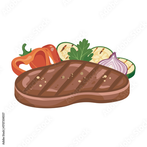 Grilled steak with vegetables: zucchini, bell pepper, onion, and parsley – flat illustration