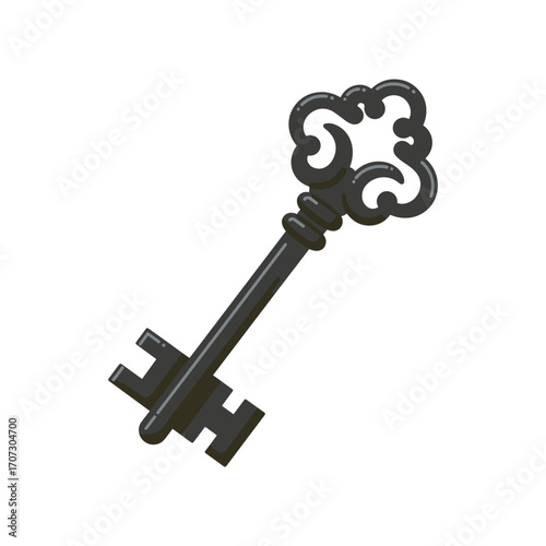 Vintage skeleton key with ornate handle – flat illustration