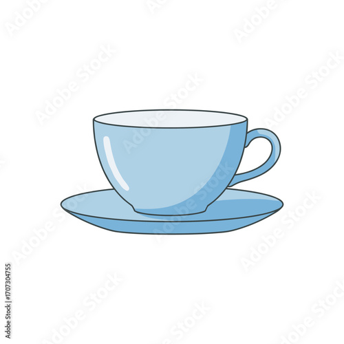 Simple blue teacup with saucer – flat illustration