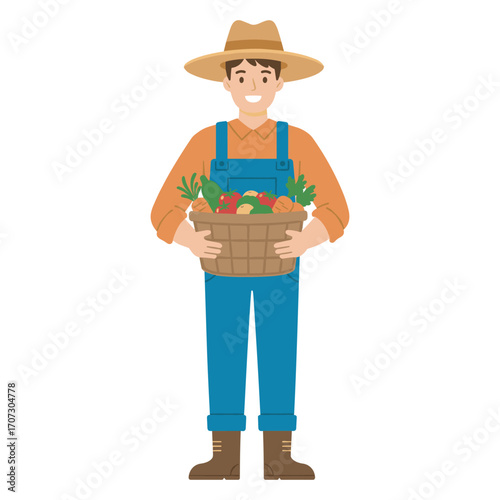 Caucasian male farmer with harvest basket - cartoon illustration – flat illustration