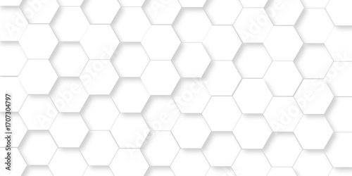 Abstract pattern hexagonal white technology line paper background. Hexagonal grid tile mosaic structure mess cell design. white and gray hexagon honeycomb football geometric copy space business text	
