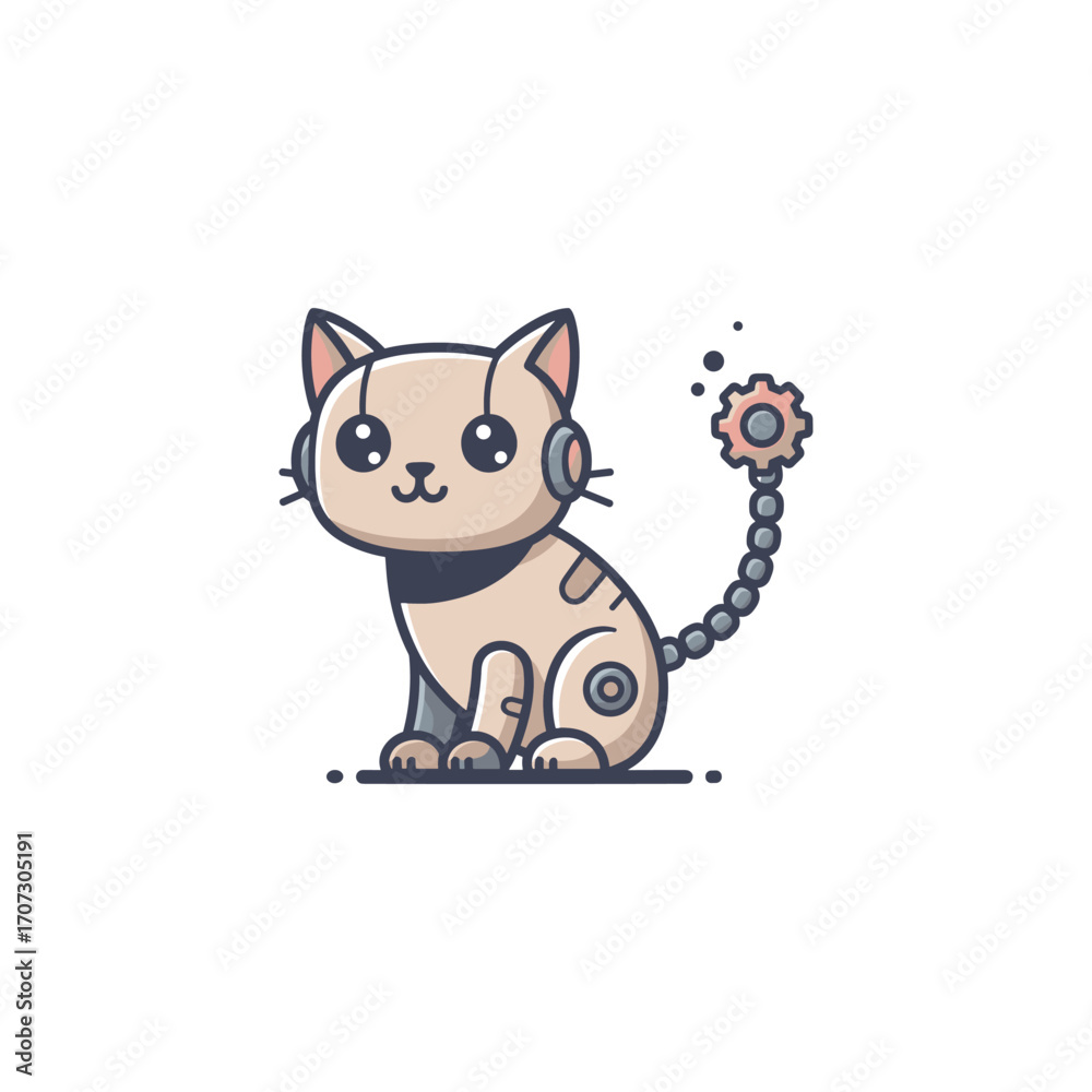 Obraz premium Cute cartoon robot cat with mechanical tail – flat illustration