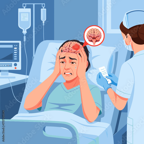 Patient in distress with brain condition receives care from nurse in hospital room setting