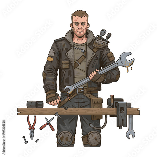 Steampunk male mechanic with large wrench at workbench in post-apocalyptic setting – flat illustration