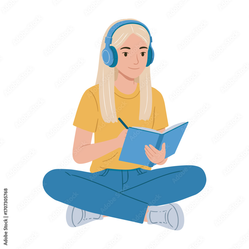 Obraz premium Young caucasian female listening to music and journaling – flat illustration