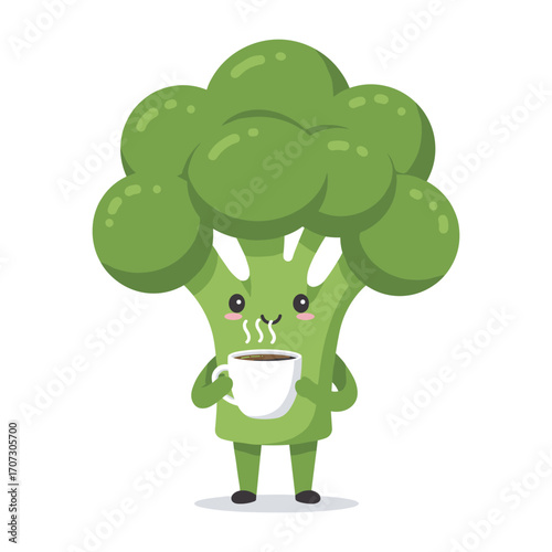 Cute cartoon broccoli drinking coffee with a happy expression – flat illustration