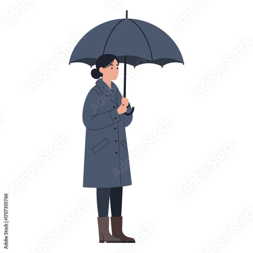 Asian female adult holding umbrella in rainy weather – flat illustration