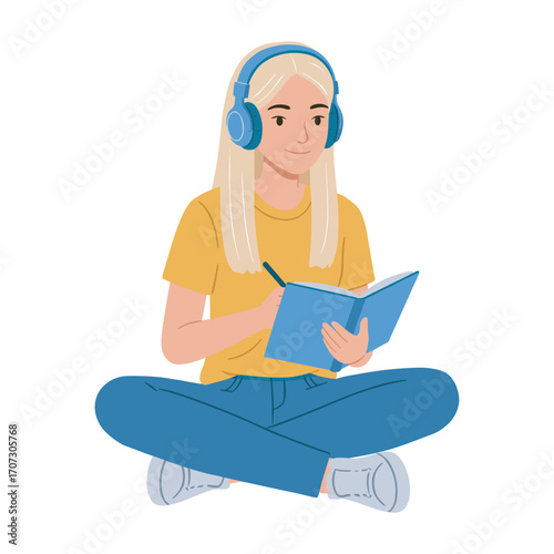 Young caucasian female listening to music and journaling – flat illustration