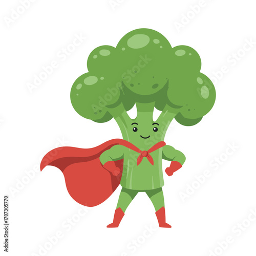 Cartoon superhero broccoli with red cape and gloves – flat illustration