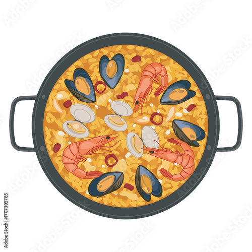 Delicious seafood paella with shrimp, mussels, and clams in black pan – flat illustration