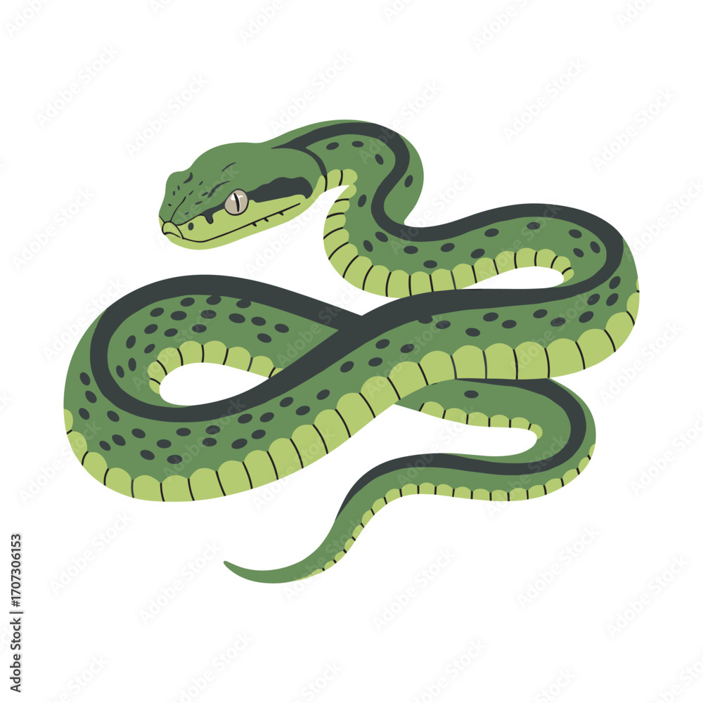 Naklejka premium Green tree python illustration with coiled body and spotted pattern – flat illustration
