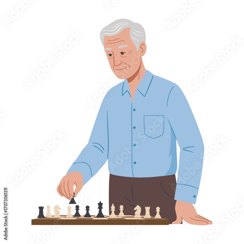 Elderly caucasian male playing chess alone – flat illustration