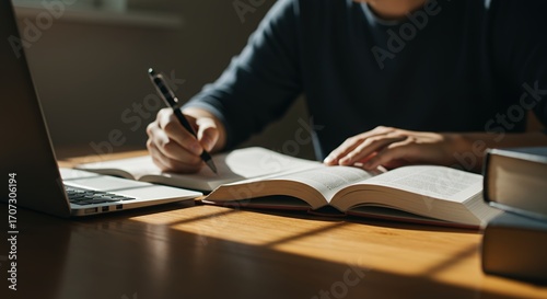 Person studying with open book notebooks and laptop on wooden desk in a well-lit room with natural sunlight and a dark wall background up close shot indoor setting