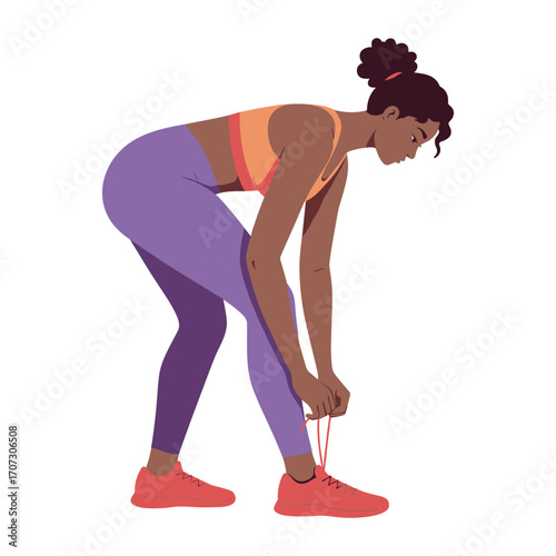 African female young adult tying running shoes in activewear – flat illustration