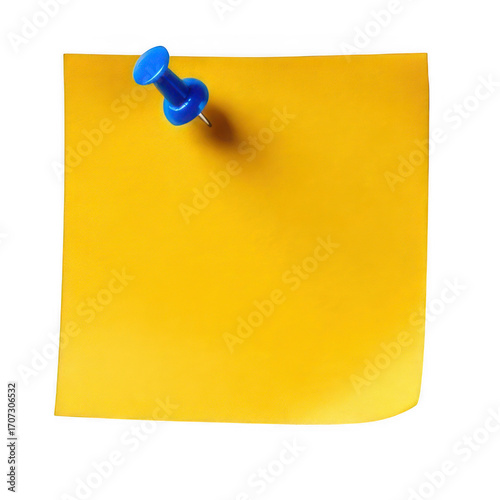  yellow sticky note paper with blue push-pin isolated on white or transparent.