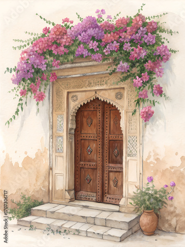 Rajasthani Mughal inspired rustic doorway with bougainvillea watercolor illustration
