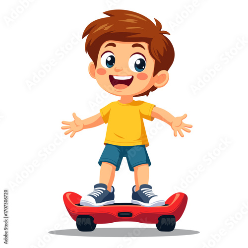 Happy boy riding on a hoverboard with outstretched arms  