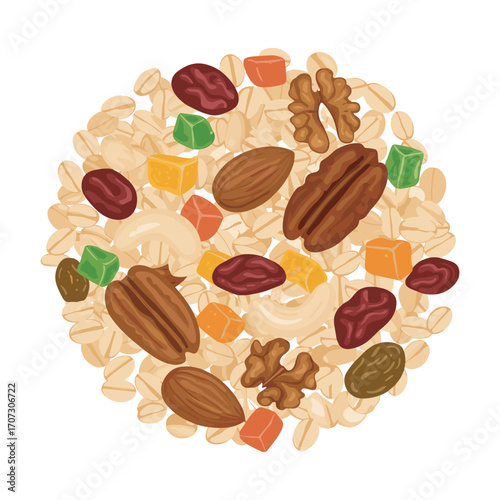 Mixed nuts and dried fruit with oats – flat illustration