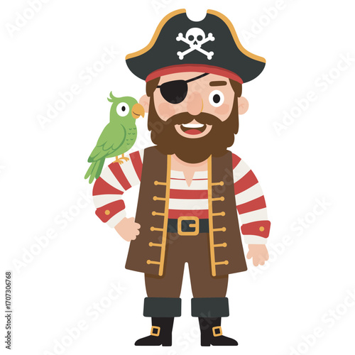 Cartoon pirate with parrot: bearded male in pirate costume and eye patch – flat illustration
