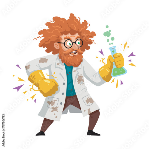 Animated scientist with red hair conducting experiment with beaker – flat illustration