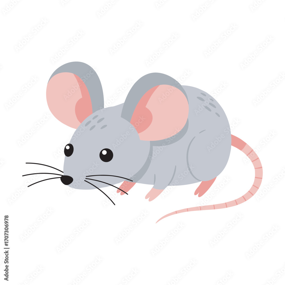 Fototapeta premium Cute cartoon grey mouse with whiskers and pink ears – flat illustration