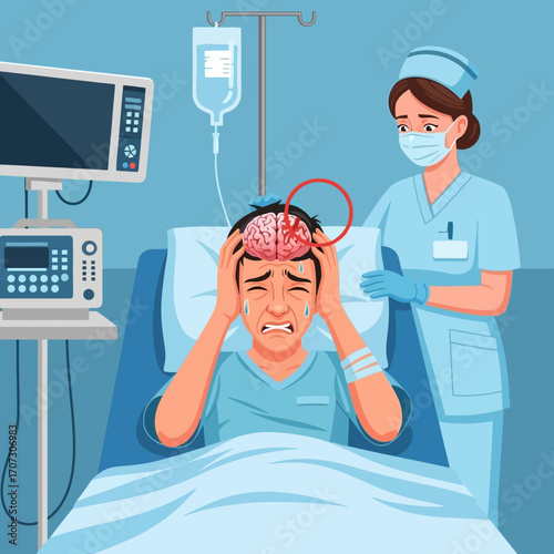 Patient suffering from brain injury receives care from nurse in hospital room setting