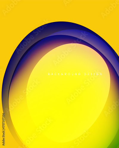 Bright yellow background features layered circular shapes. Gradient transitions from purple to gold create dynamic visual effect. Simple design.