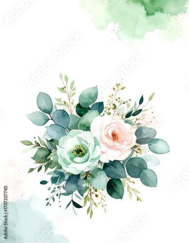 Delicate watercolor bouquet of pastel roses and eucalyptus