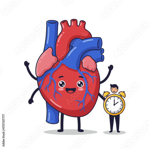 Cute human heart cartoon with small clock