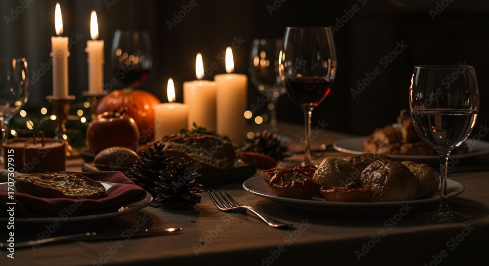 Festive Christmas dinner table setup with candles wine glasses roasted meat and potatoes decorated with pine branches and ornaments for holiday celebration ambiance Festive Christmas dinner table setup with candles wine glasses roasted meat and potatoes decorated with pine branches and ornaments for holiday celebration ambiance