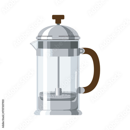 Glass french press with metal lid and wooden handle – flat illustration