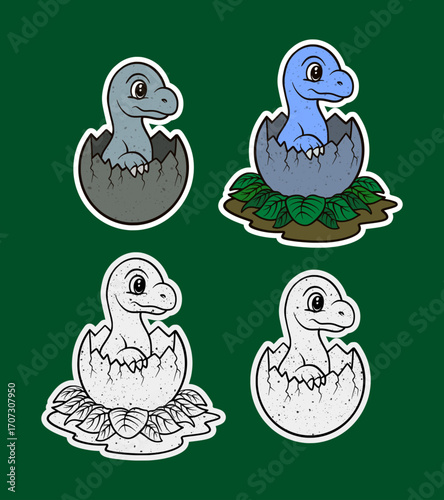 Blue baby sauropod hatching in leafy nest sticker illustration