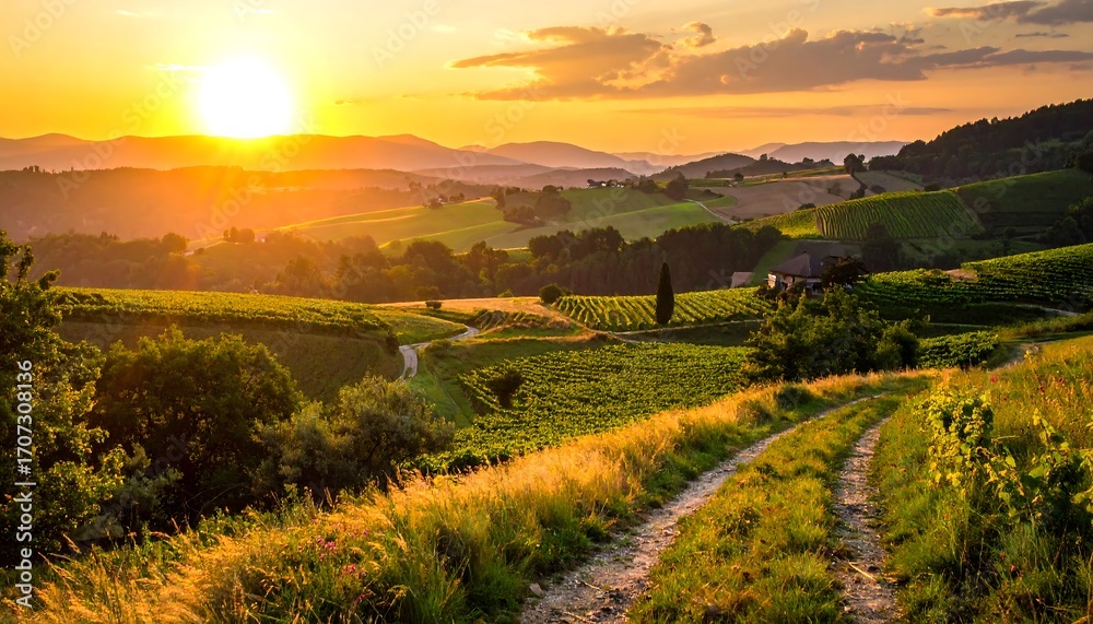 Obraz premium Sun setting over rolling hills and vineyards