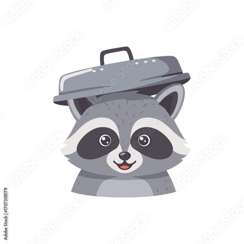 Cartoon raccoon with pot lid on head - cute illustration of playful animal – flat illustration